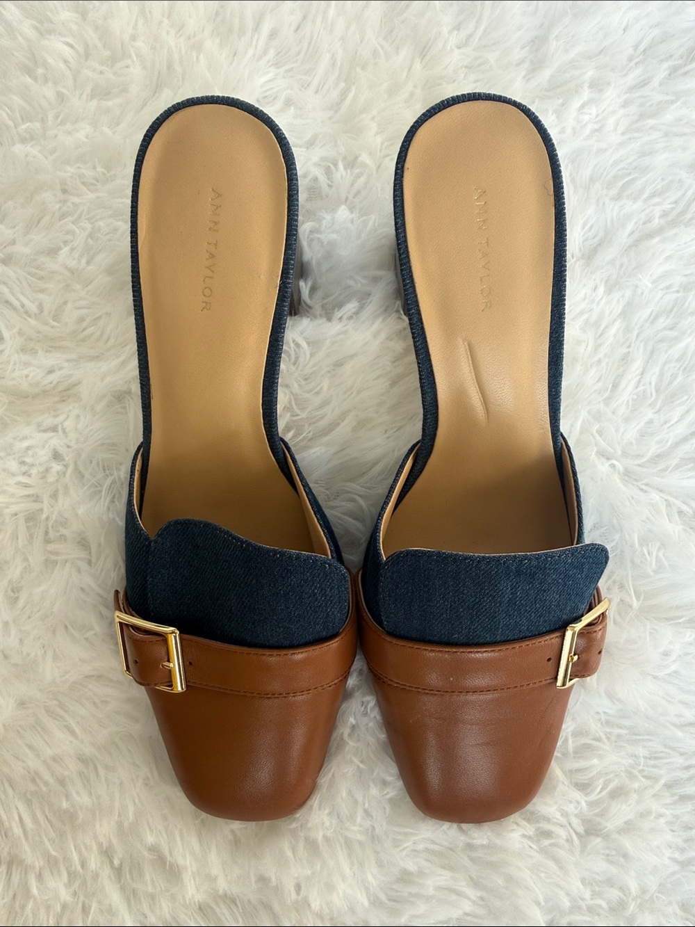 Ann Taylor Brown Leather & Navy Denim Buckle Mules
